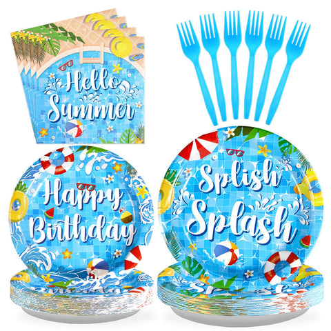 96 Pcs Pool Birthday Party Plates and Napkins - Grencian