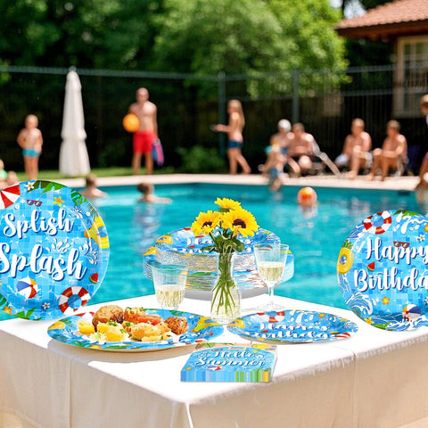 96 Pcs Pool Birthday Party Plates and Napkins - Grencian