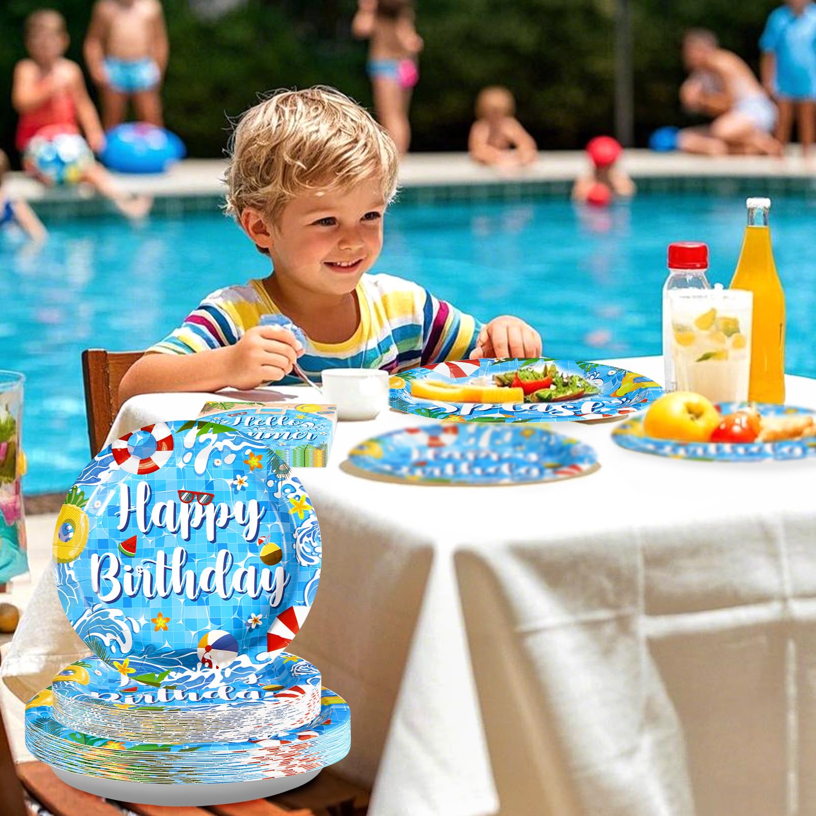 96 Pcs Pool Birthday Party Plates and Napkins - Grencian