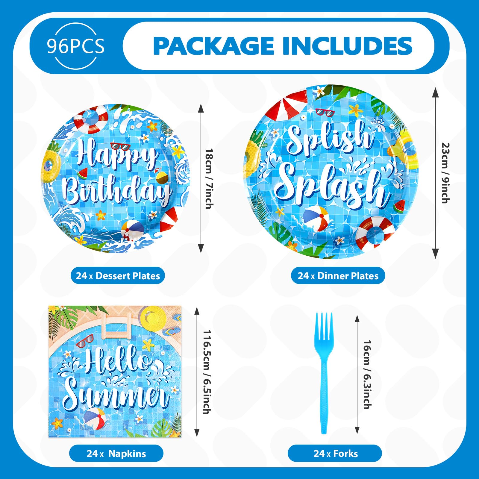 96 Pcs Pool Birthday Party Plates and Napkins - Grencian