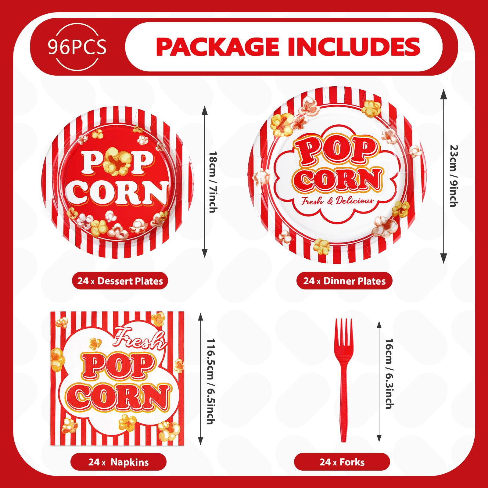 96 Pcs Popcorn Party Plates and Napkins - Grencian