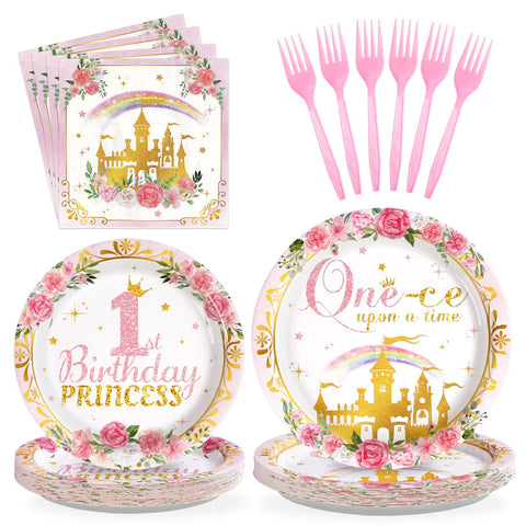 96 Pcs Princess 1st Birthday Party Plates and Napkins - Grencian