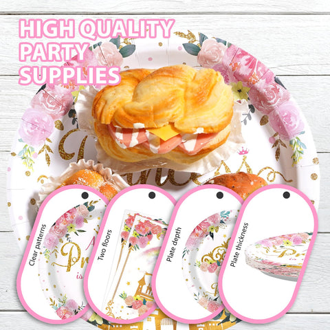 96 Pcs Princess 1st Birthday Party Plates and Napkins - Grencian
