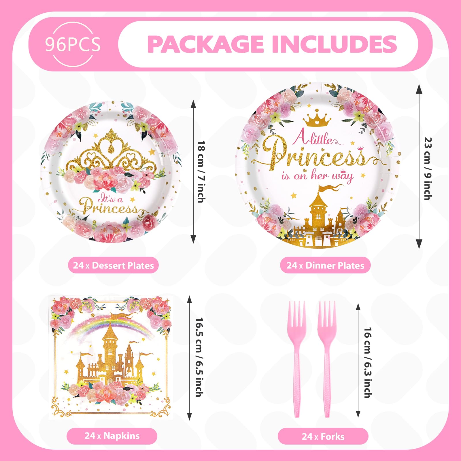 96 Pcs Princess 1st Birthday Party Plates and Napkins - Grencian