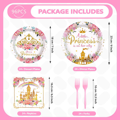 96 Pcs Princess 1st Birthday Party Plates and Napkins - Grencian
