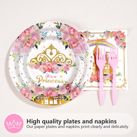 96 Pcs Princess 1st Birthday Party Plates and Napkins - Grencian