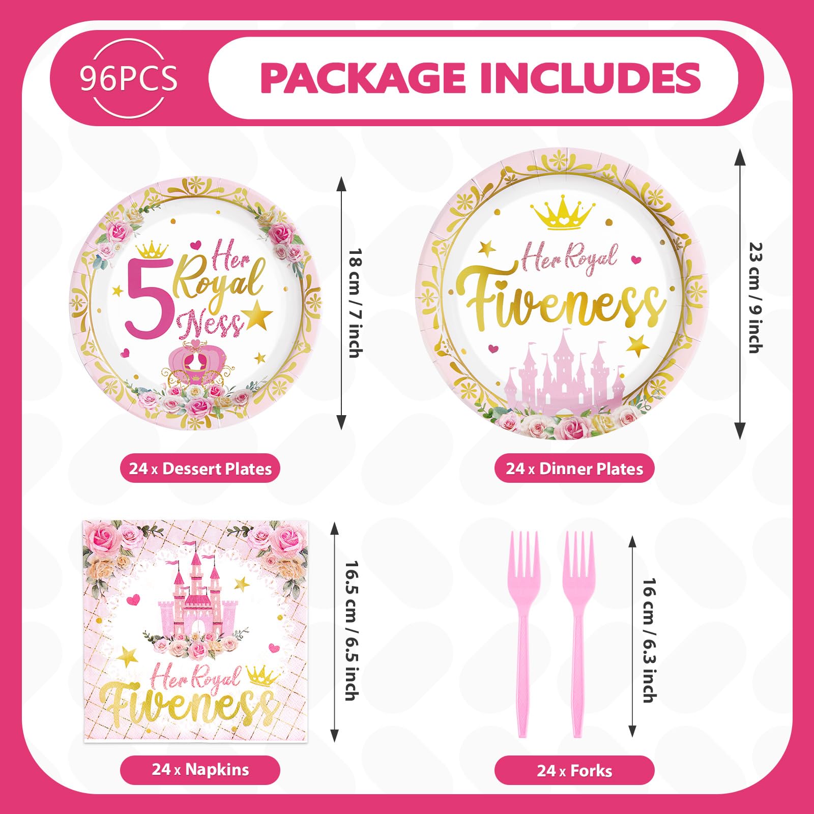 96 Pcs Princess 5th Birthday Party Plates and Napkins - Grencian