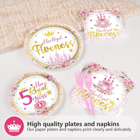 96 Pcs Princess 5th Birthday Party Plates and Napkins - Grencian
