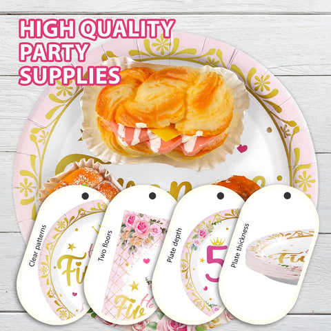 96 Pcs Princess 5th Birthday Party Plates and Napkins - Grencian