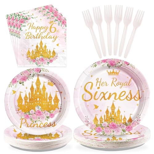96 Pcs Princess 6th Birthday Party Plates and Napkins - Grencian