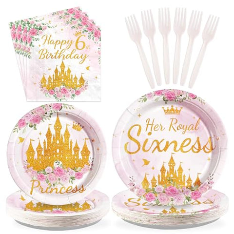 96 Pcs Princess 6th Birthday Party Plates and Napkins - Grencian