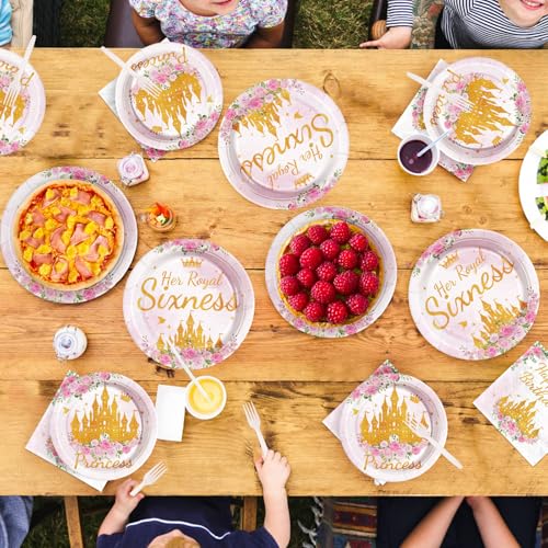 96 Pcs Princess 6th Birthday Party Plates and Napkins - Grencian