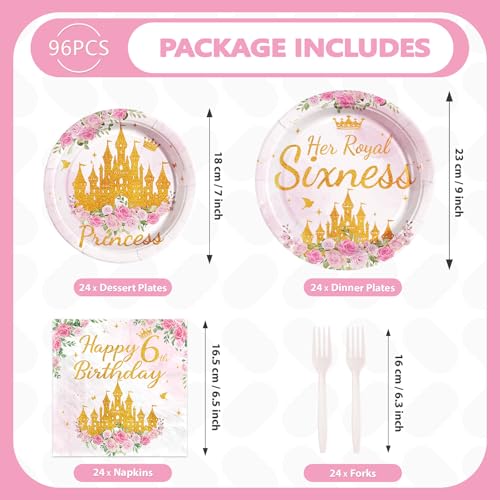 96 Pcs Princess 6th Birthday Party Plates and Napkins - Grencian