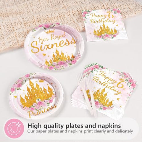 96 Pcs Princess 6th Birthday Party Plates and Napkins - Grencian