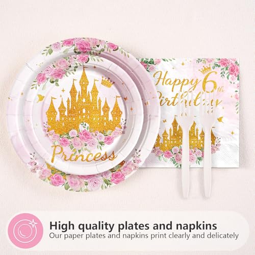 96 Pcs Princess 6th Birthday Party Plates and Napkins - Grencian