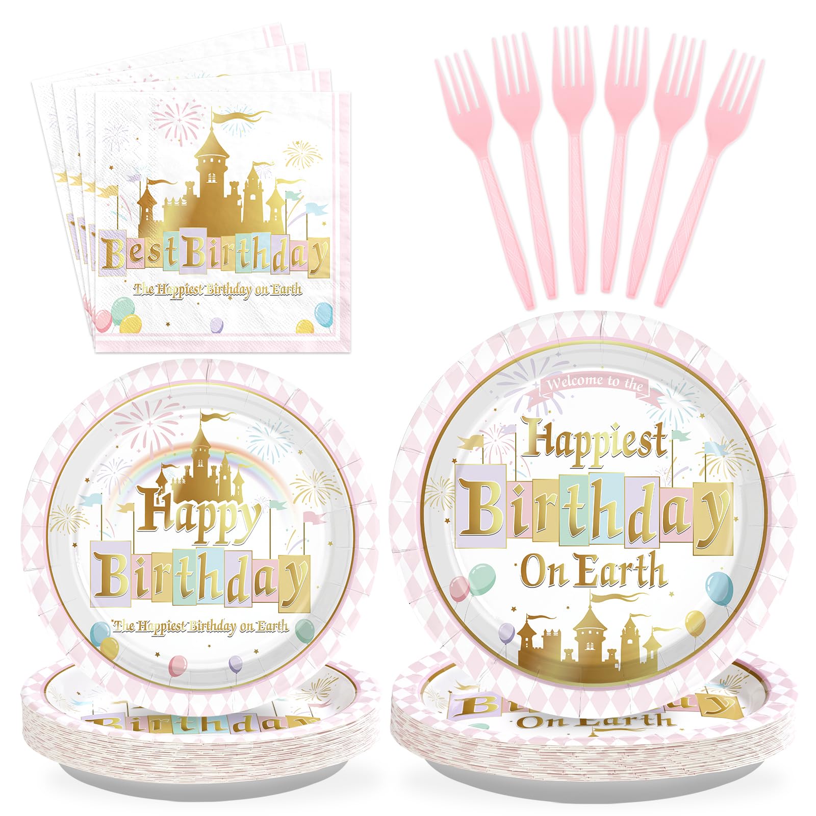 96 Pcs Princess Castle Birthday Party Plates and Napkins - Grencian