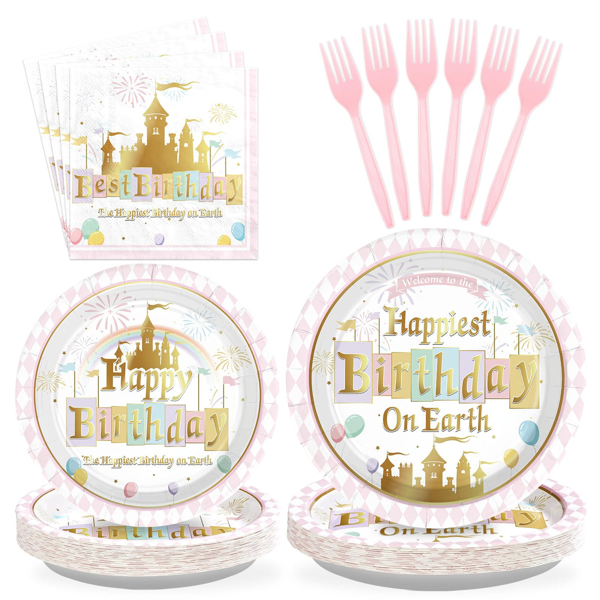 96 Pcs Princess Castle Birthday Party Plates and Napkins - Grencian