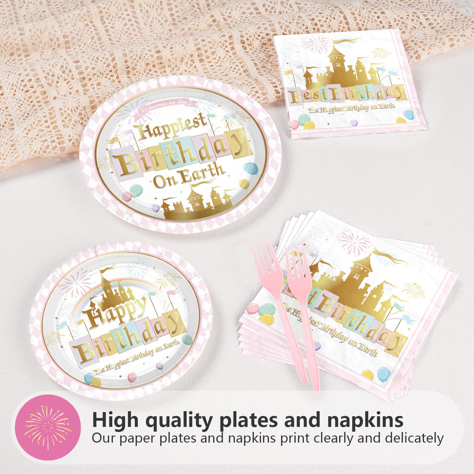 96 Pcs Princess Castle Birthday Party Plates and Napkins - Grencian