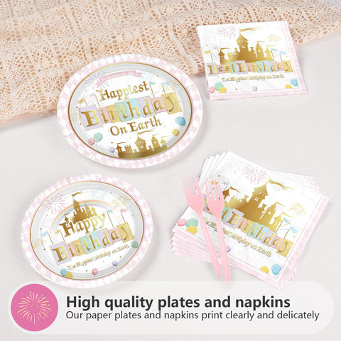 96 Pcs Princess Castle Birthday Party Plates and Napkins - Grencian