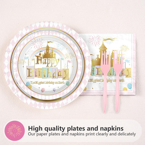 96 Pcs Princess Castle Birthday Party Plates and Napkins - Grencian