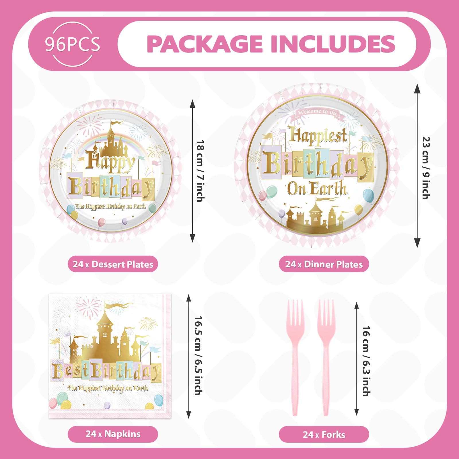 96 Pcs Princess Castle Birthday Party Plates and Napkins - Grencian