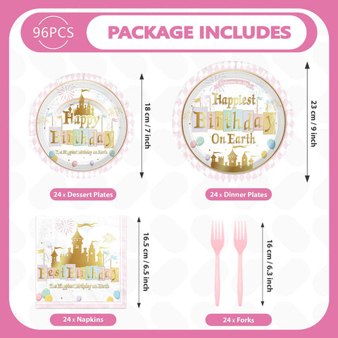 96 Pcs Princess Castle Birthday Party Plates and Napkins - Grencian