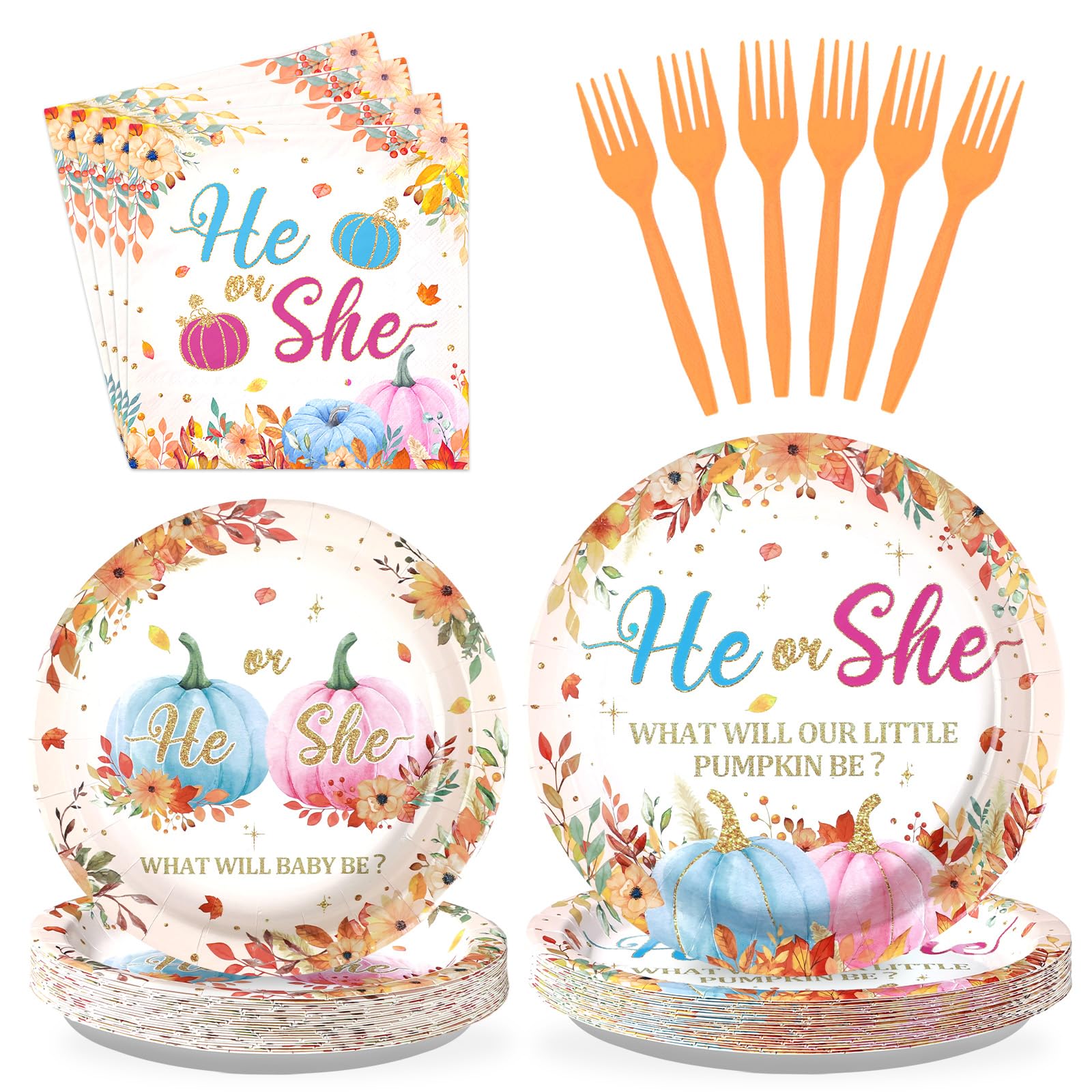 96 Pcs Pumpkin Gender Reveal Party Plates and Napkins - Grencian