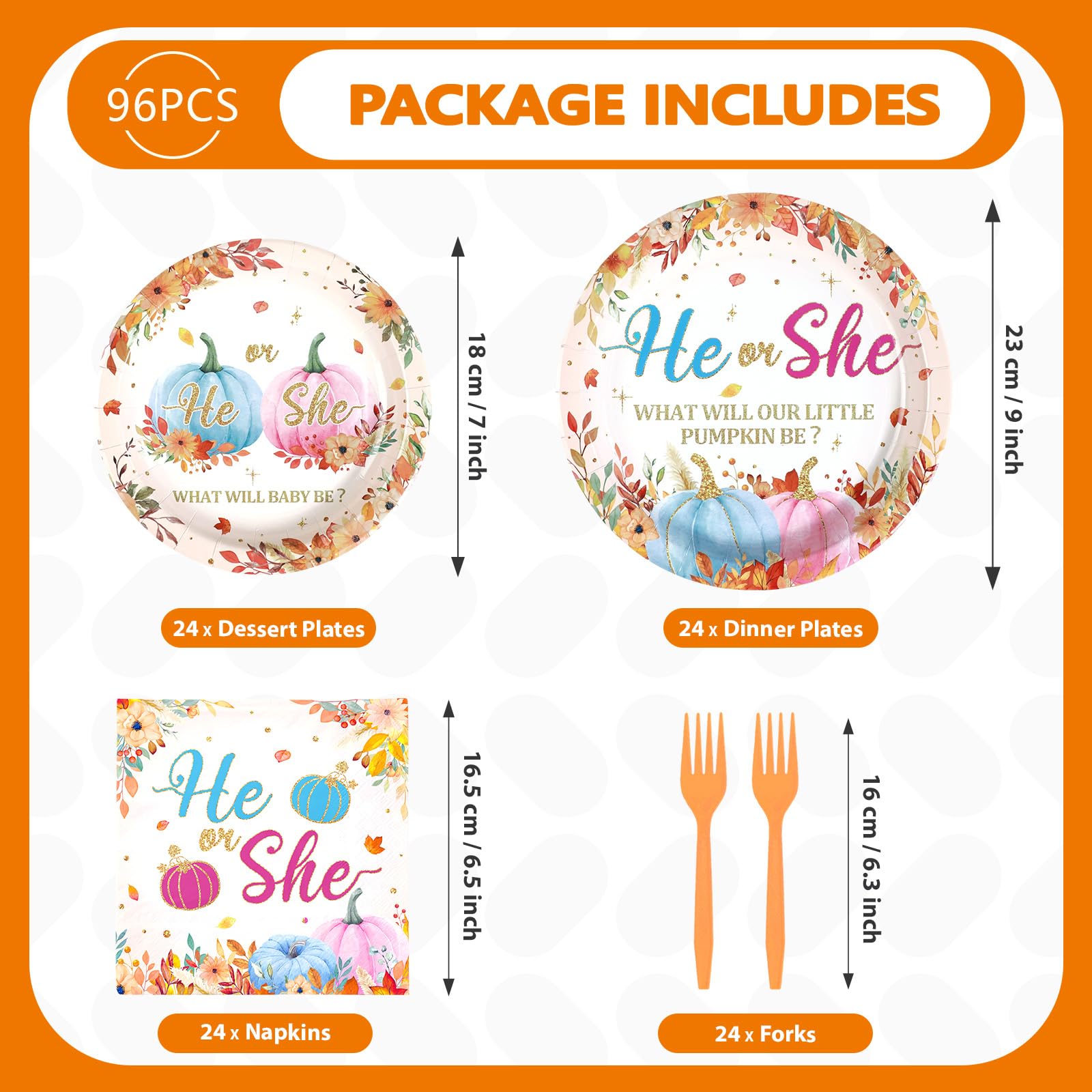 96 Pcs Pumpkin Gender Reveal Party Plates and Napkins - Grencian