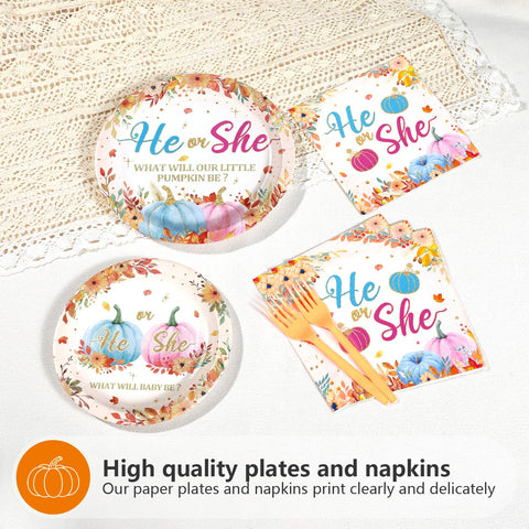 96 Pcs Pumpkin Gender Reveal Party Plates and Napkins - Grencian