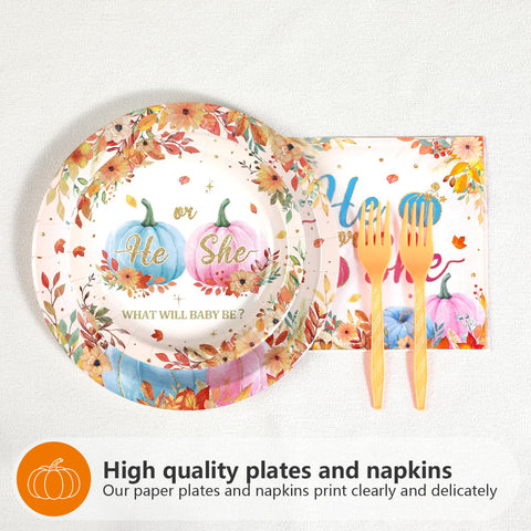 96 Pcs Pumpkin Gender Reveal Party Plates and Napkins - Grencian