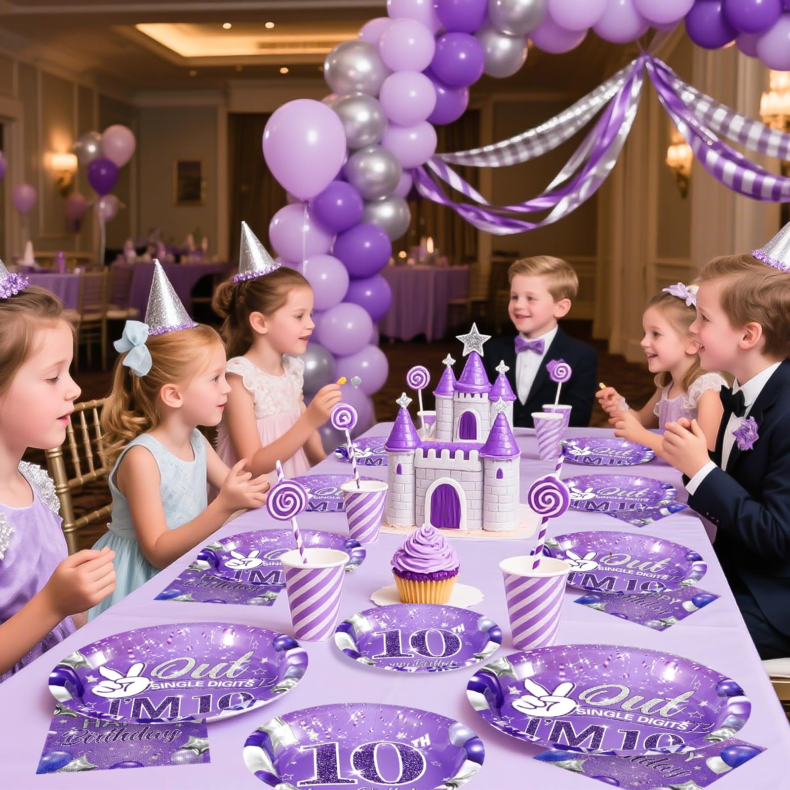 96 Pcs Purple 10th Birthday Party Plates and Napkins - Grencian
