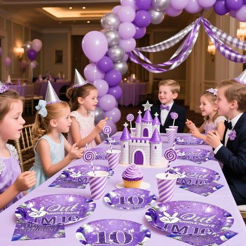 96 Pcs Purple 10th Birthday Party Plates and Napkins - Grencian