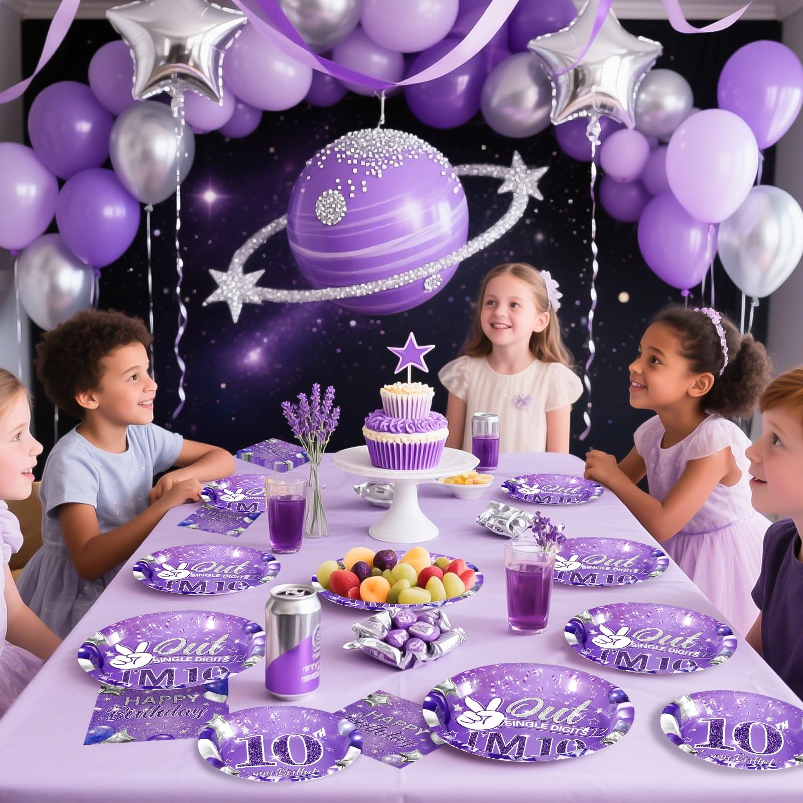 96 Pcs Purple 10th Birthday Party Plates and Napkins - Grencian