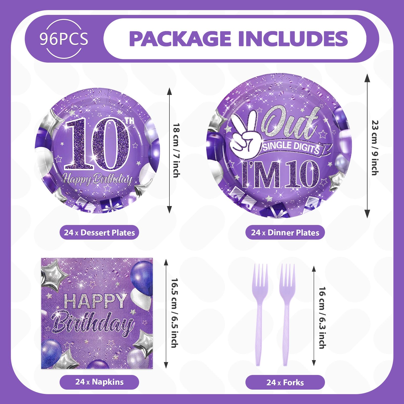96 Pcs Purple 10th Birthday Party Plates and Napkins - Grencian