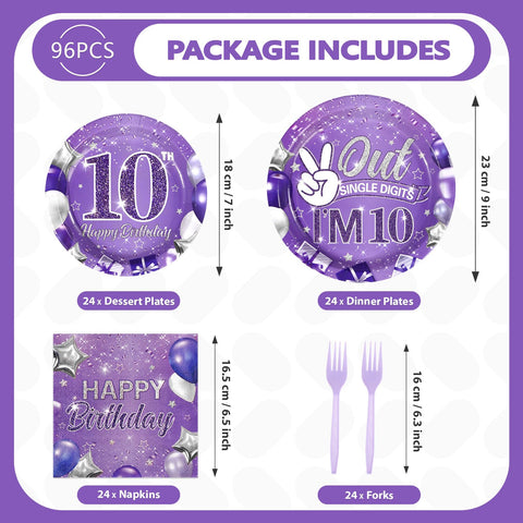 96 Pcs Purple 10th Birthday Party Plates and Napkins - Grencian