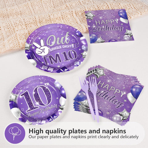 96 Pcs Purple 10th Birthday Party Plates and Napkins - Grencian