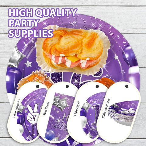 96 Pcs Purple 10th Birthday Party Plates and Napkins - Grencian