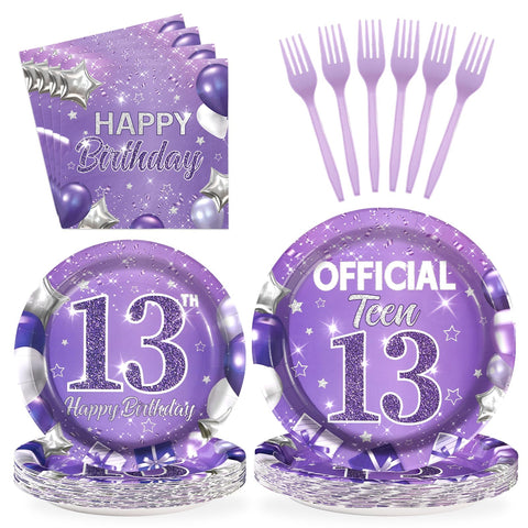 96 Pcs Purple 13th Birthday Party Plates and Napkins - Grencian