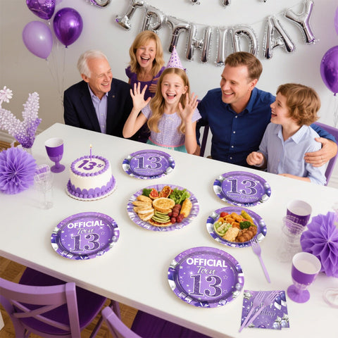 96 Pcs Purple 13th Birthday Party Plates and Napkins - Grencian