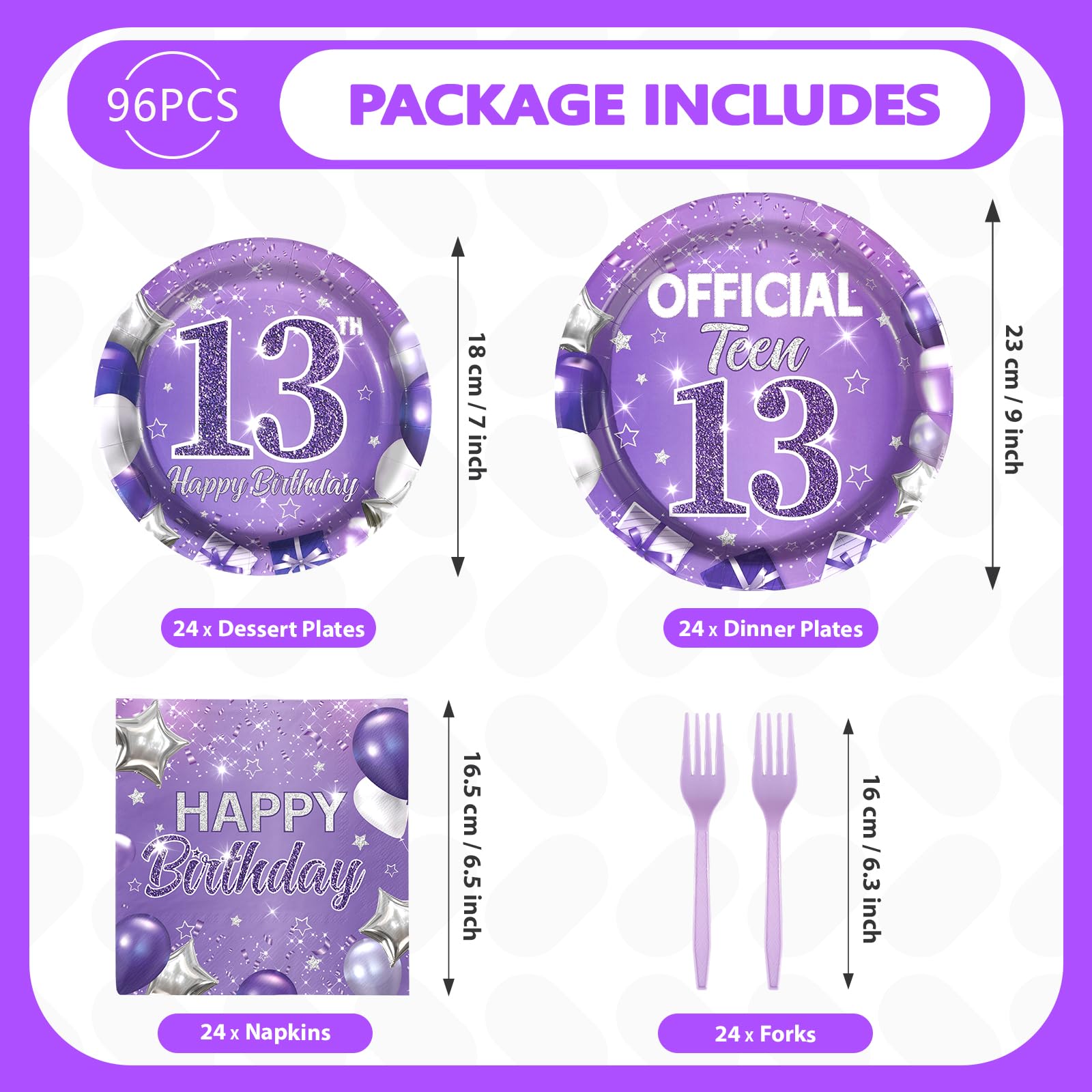 96 Pcs Purple 13th Birthday Party Plates and Napkins - Grencian
