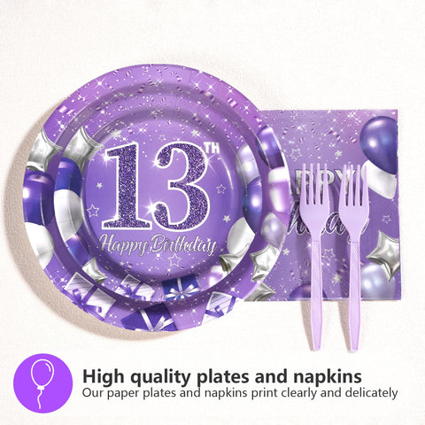 96 Pcs Purple 13th Birthday Party Plates and Napkins - Grencian