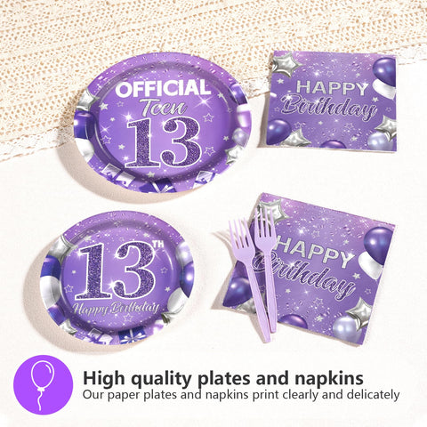 96 Pcs Purple 13th Birthday Party Plates and Napkins - Grencian