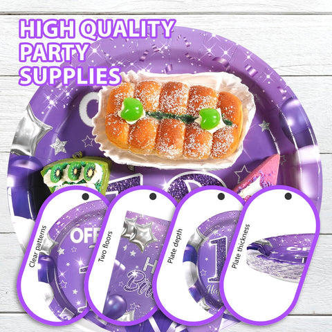 96 Pcs Purple 13th Birthday Party Plates and Napkins - Grencian