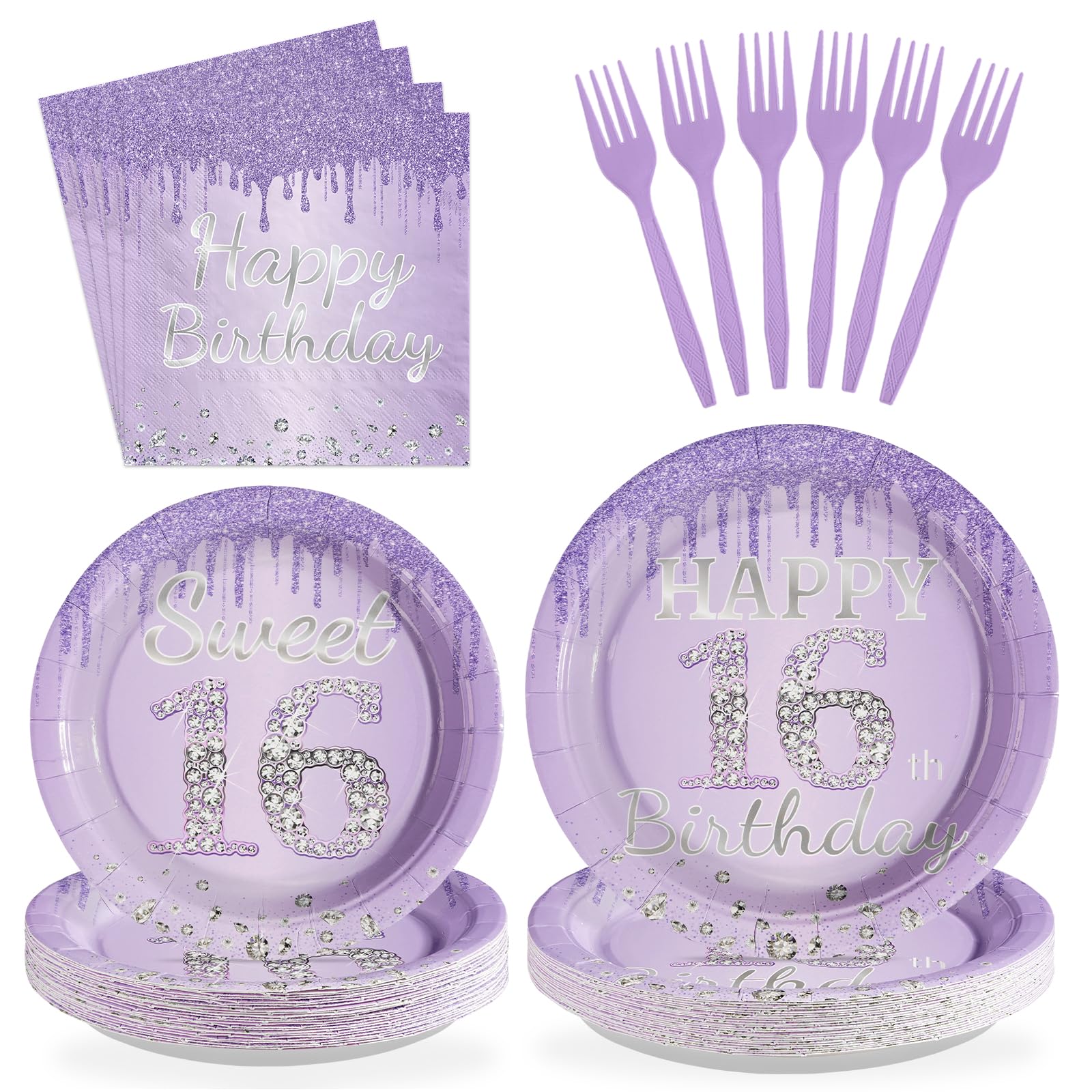96 Pcs Light Purple 16th Birthday Party Plates and Napkins - Grencian