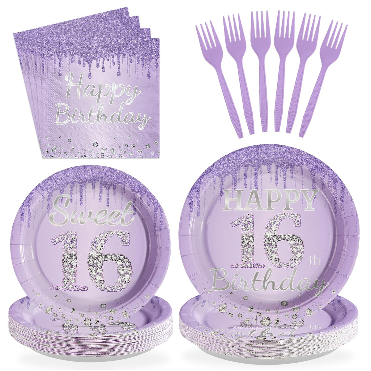 96 Pcs Light Purple 16th Birthday Party Plates and Napkins - Grencian