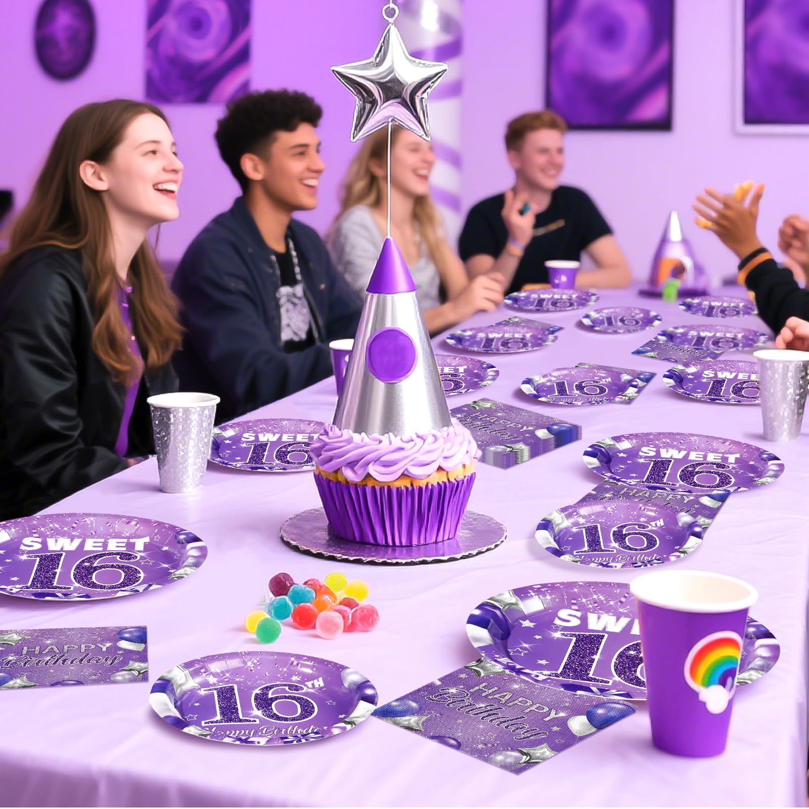 96 Pcs Purple 16th Birthday Party Plates and Napkins - Grencian