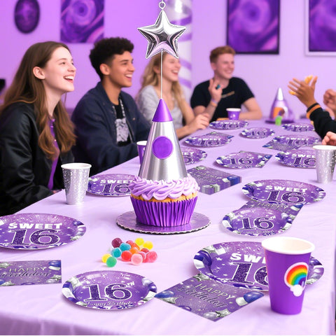 96 Pcs Purple 16th Birthday Party Plates and Napkins - Grencian