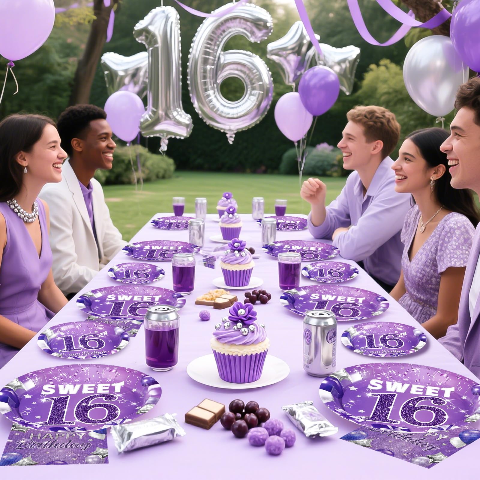 96 Pcs Purple 16th Birthday Party Plates and Napkins - Grencian