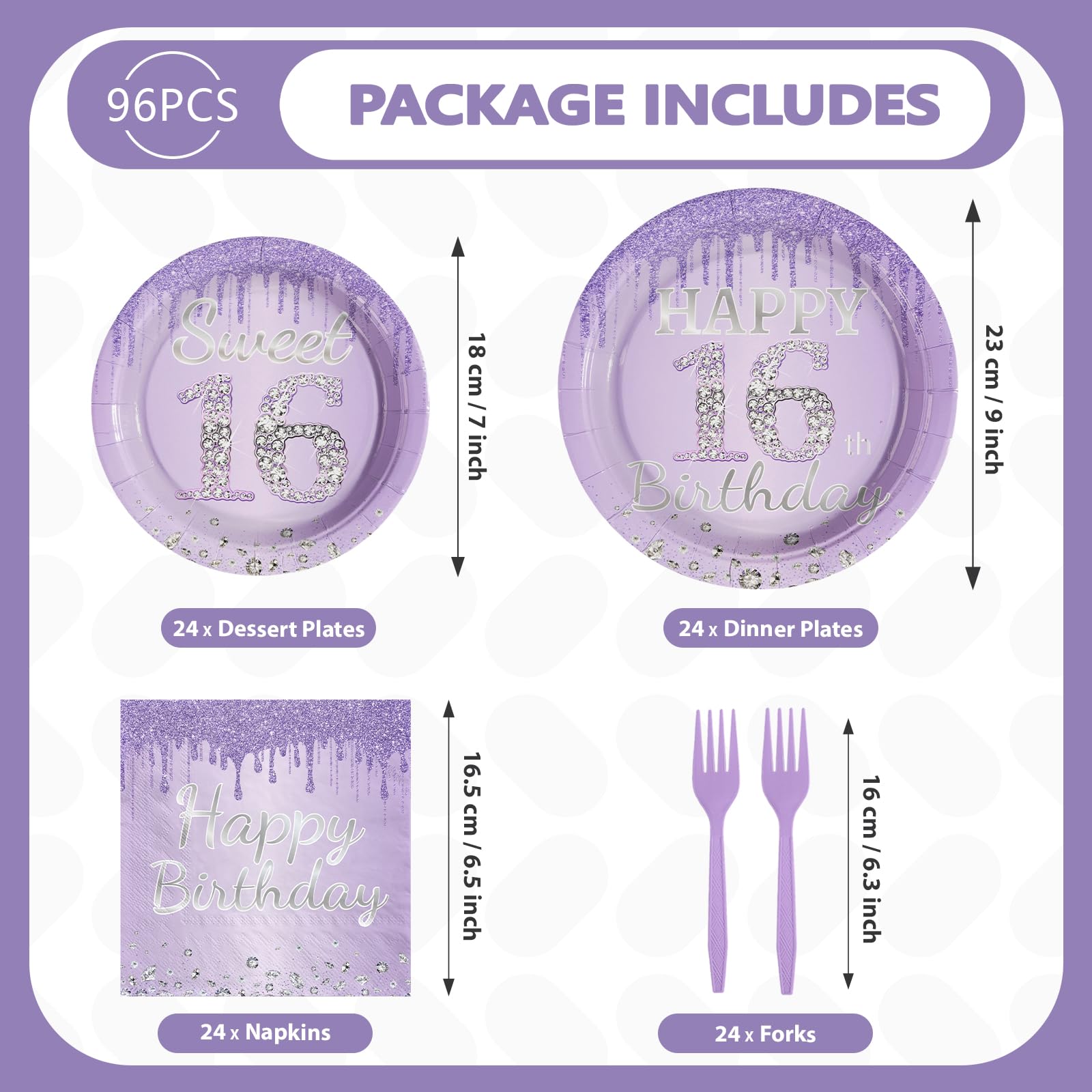 96 Pcs Light Purple 16th Birthday Party Plates and Napkins - Grencian