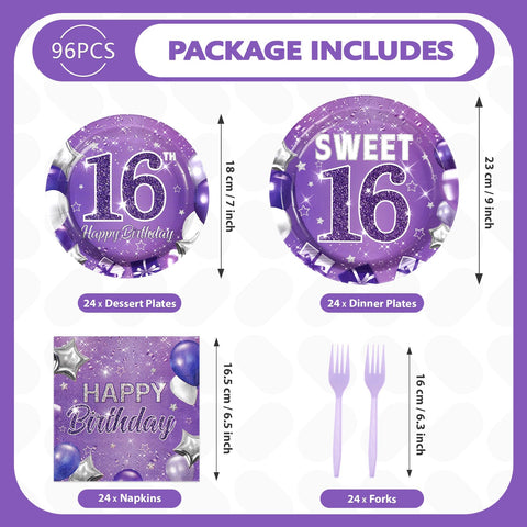 96 Pcs Purple 16th Birthday Party Plates and Napkins - Grencian